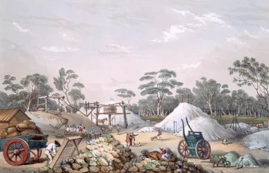 Kapunda Copper Mine, fra "South Australia Illustrated", udgivet i 1847 (håndkoloreret gravering)